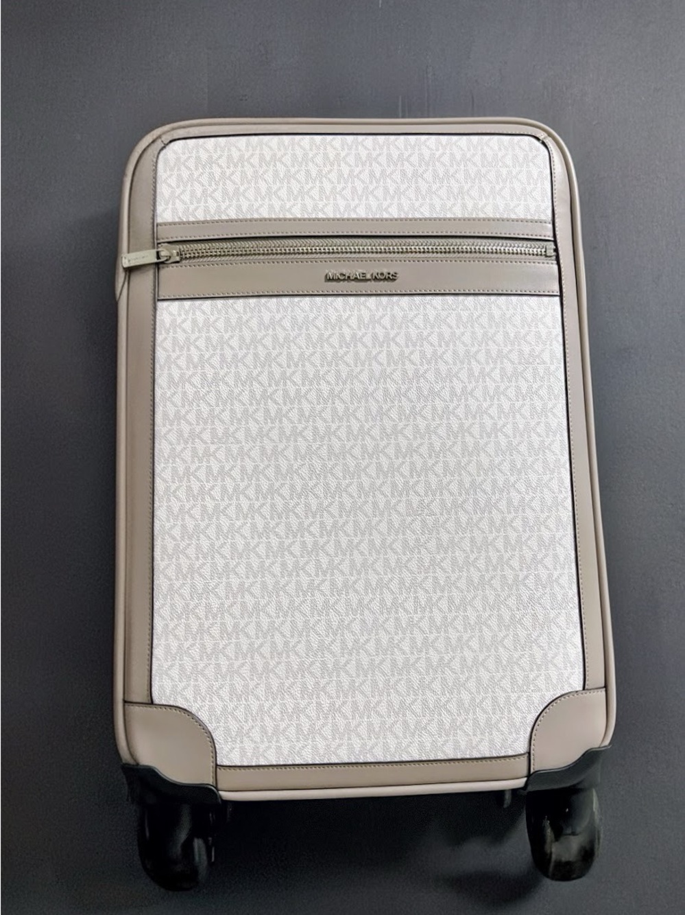 Michael Kors White Monogram Spinner Carry-On with Taupe Trim